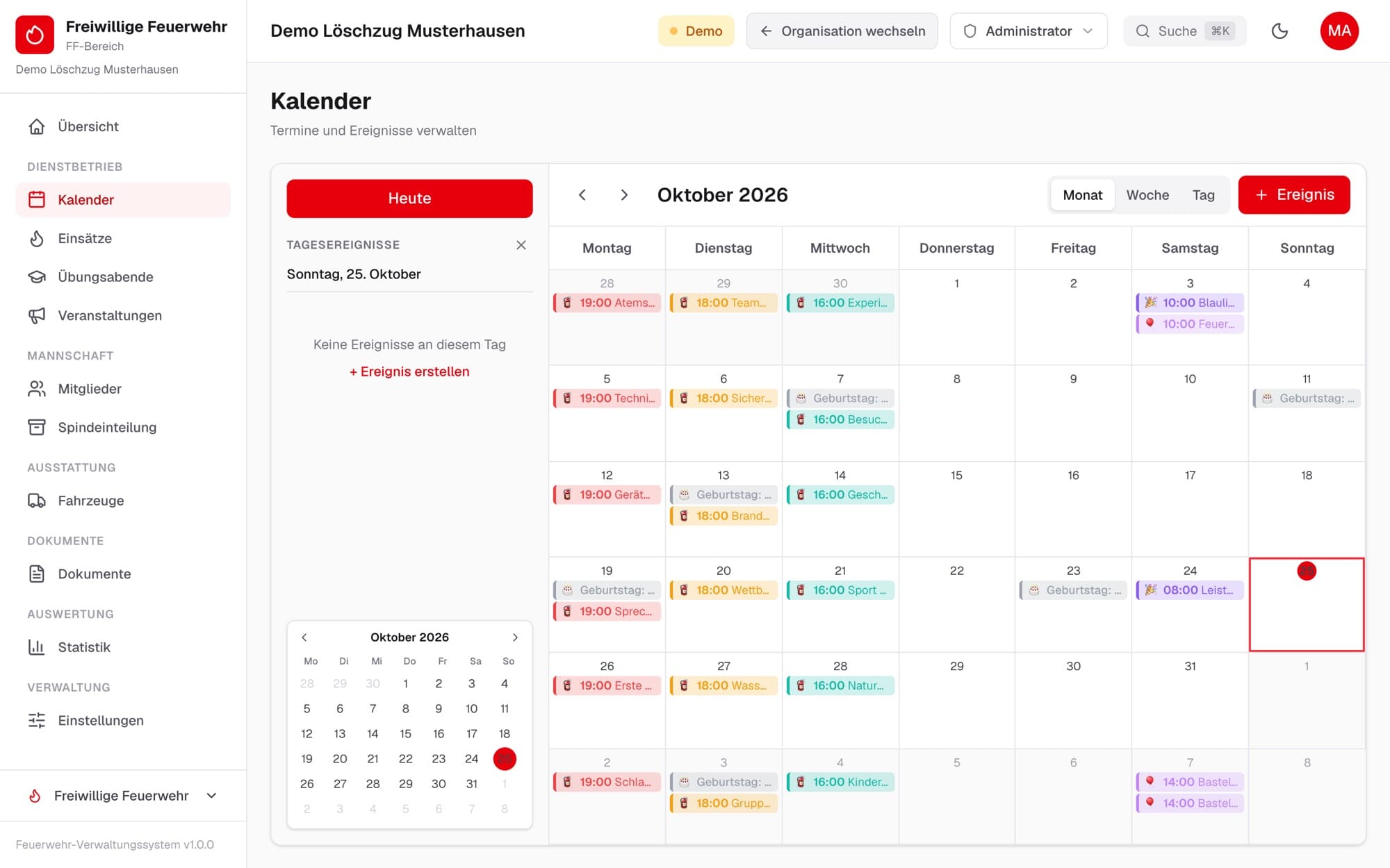 Monatskalender mit Übungsabenden, Diensten und Veranstaltungen